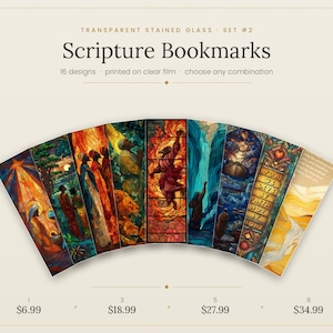 May include: A set of rectangular bookmarks featuring colorful stained glass style illustrations of biblical scenes and text. The text reads "TRANSPARENT STAINED GLASS - SET #2", "Scripture Bookmarks", and "16 designs printed on clear film choose any combination".
