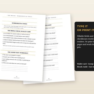 May include: Two white paper worksheets with black text and gold horizontal lines. The pages feature sections titled The Bridle Check: Wallet Card, The Gossip Test: Worksheet, and Mouth Audit. A black rectangular box displays the text TYPE IT OR PRINT IT.