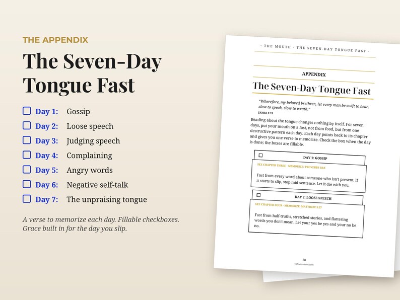 May include: A printed page titled The Appendix: The Seven-Day Tongue Fast, featuring a list of seven daily themes including gossip, loose speech, judging speech, complaining, angry words, negative self-talk, and the unpraising tongue with checkboxes.