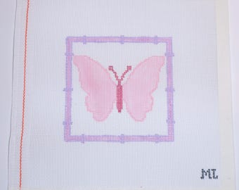 Pink Butterfly | Hand-Painted Needlepoint Canvas | 18 Mesh | Made to Order  | Canvas Only