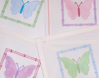 Set of 4 Butterflies | Hand-Painted Needlepoint Canvas | 18 Mesh | Made to Order  | Canvas Only