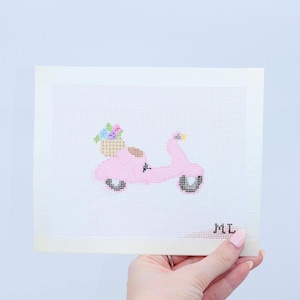 Pink Vespa &  Flowers| Hand-Painted Needlepoint Canvas | 18 Mesh | Made to Order  | Canvas Only