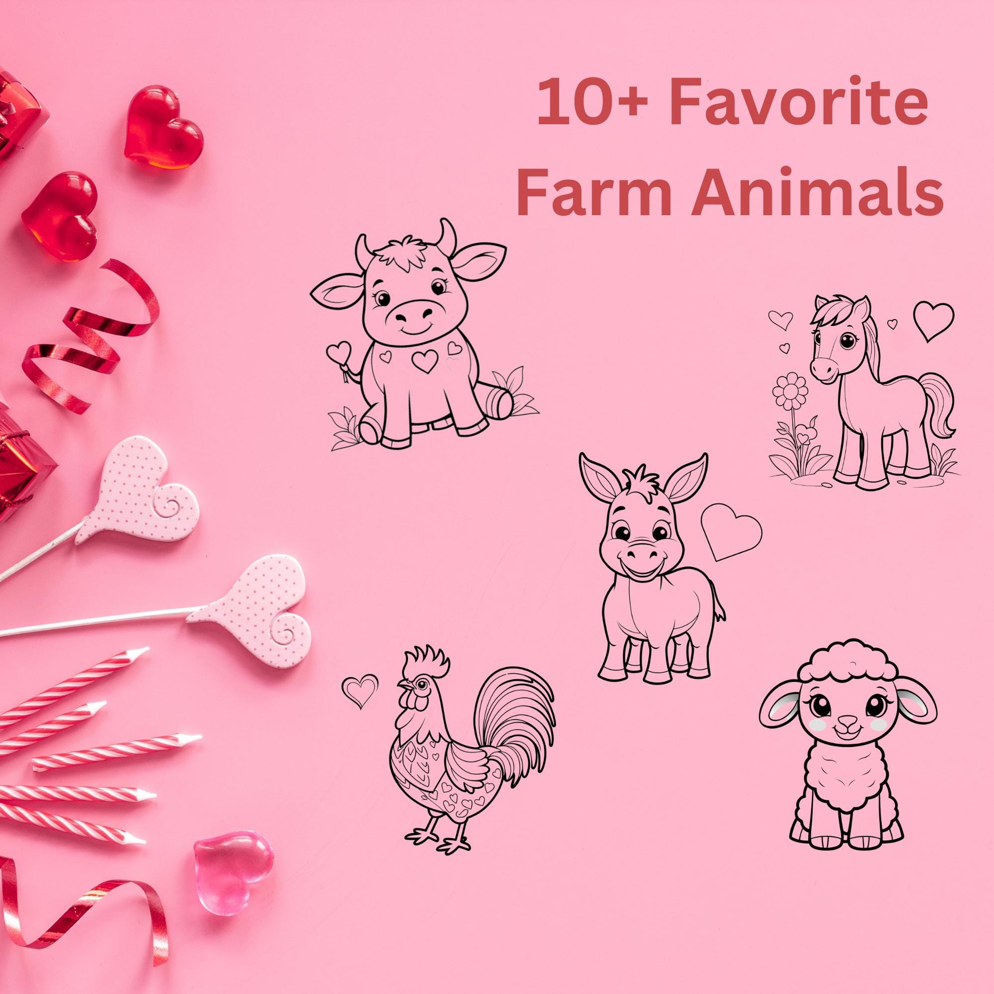 バレンタインデーの農場の動物のぬり絵 - 10 種類以上のデザイン - 幼児と子供向けのぬり絵 - 楽しいアクティビティ -  すぐにデジタルダウンロード - Etsy 日本, image size:2000x2000