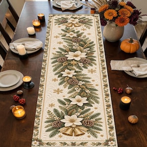Evergreen Poinsettia Quilted-Style Table Runner, Ivory Gold Pinecone Christmas Home Decor, Elegant Winter Holiday Dining Centerpiece Gift