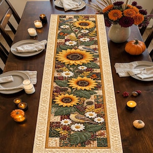 Sunflower Birds Garden Quilted-Style Table Runner, Golden Floral Patchwork Farmhouse Decor, Autumn Thanksgiving Dining Centerpiece Gift