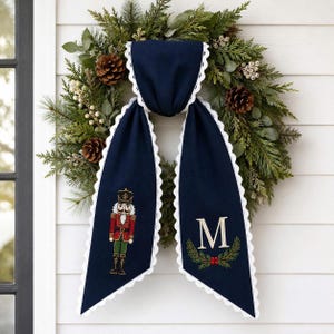 Personalized Nutcracker Navy Blue Embroidered Wreath Sash, Custom Monogram Door Bow, Festive Christmas Decor, Holiday Winter Door Tie Sash