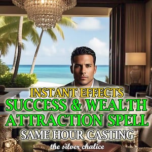 Peut inclure: Un homme en costume sombre regarde la cam&eacute;ra. Le texte "INSTANT EFFECTS SUCCESS & WEALTH ATTRACTION SPELL SAME HOUR CASTING the silver chalice" est en lettres vertes et jaunes sur un fond sombre.