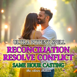 May include: Image features a couple embracing in a sunlit outdoor setting. Text overlay reads "ULTRA POTENT SPELL RECONCILIATION RESOLVE CONFLICT SAME HOUR CASTING the silver chalice."