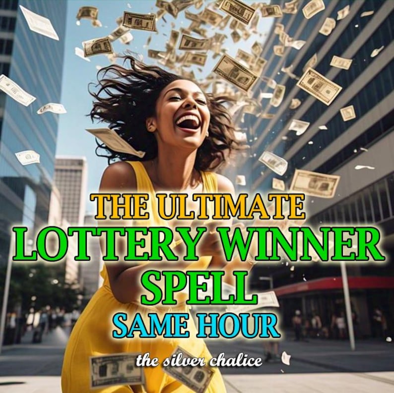 Może przedstawiać: Kobieta w ż&oacute;łtej sukience śmieje się, gdy wok&oacute;ł niej spadają banknoty. Obraz zawiera tekst "THE ULTIMATE LOTTERY WINNER SPELL SAME HOUR" i "the silver chalice."
