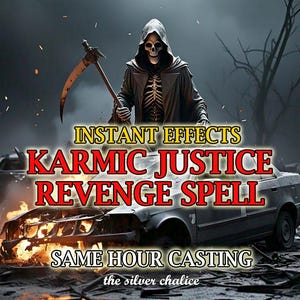 May include: A digital graphic featuring a hooded skeleton figure holding a scythe above a burning car. The text reads: INSTANT EFFECTS KARMIC JUSTICE REVENGE SPELL SAME HOUR CASTING the silver chalice in bold red, yellow, and white lettering.