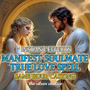 May include: Digital art featuring a man and woman in flowing white garments, facing each other. Text overlay reads "INSTANT EFFECTS MANIFEST SOULMATE TRUE LOVE SPELL SAME HOUR CASTING" with "the silver chalice" at the bottom.