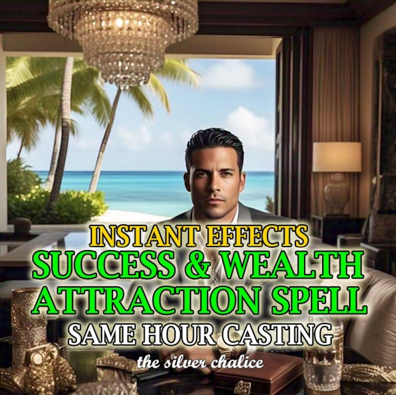 Peut inclure: Un homme en costume sombre regarde la cam&eacute;ra. Le texte "INSTANT EFFECTS SUCCESS & WEALTH ATTRACTION SPELL SAME HOUR CASTING the silver chalice" est en lettres vertes et jaunes sur un fond sombre.