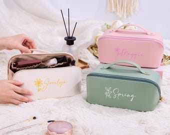 Custom Leather Makeup Bag,Embroidered Makeup Pouch Travel Organizer,Personalized Large Capacity Cosmetic Bag,Gift for Her,Bridesmaid Gift