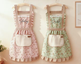 Embroidered Ruffled Apron Floral Custom Rayon Apron For Women Men Customized Apron Baking Apron Baker Gift Personalized Gift Pocket Apron