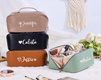 Personalized Leather Cosmetic Bag,Custom Embroidered Name Makeup Bag,Large Capacity Travel Toiletry Bag,Bridal Shower Gift,Gift For Her
