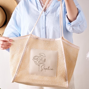 Personalized Birth Flower Beach Tote Bags,Custom Girls Trip Bag,Bridesmaid Beach Bag,Bachelorette Gifts,Summer Hobo Bag,Birthflower Name Bag
