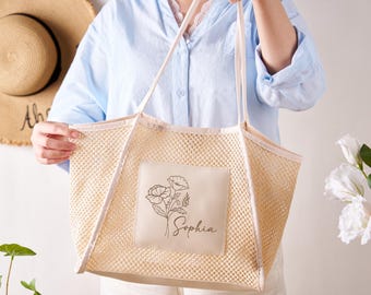 Personalized Birth Flower Beach Tote Bags,Custom Girls Trip Bag,Bridesmaid Beach Bag,Bachelorette Gifts,Summer Hobo Bag,Birthflower Name Bag