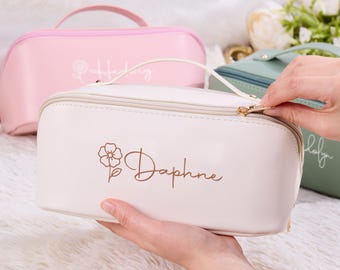Personalized Makeup Bag,Custom Embroidered Makeup Pouch,Leather Travel Cosmetic Bag,Toiletry Bag for Her,Wedding Party Favor,Bridesmaid Gift