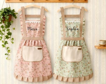 Personalized Ruffled Apron Floral Embroidered Apron with Name,Custom Cook Gift for Cooking,Baking&Craft Lovers,Apron for Home or Studio Use