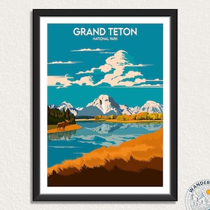 Grand Teton Nationalpark Poster | Vintage Berglandschaft Wandkunst | See & Herbst Farbe - Natur Abenteuer Wohnkultur.