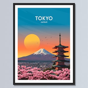 東京日本旅行ポスター、日本の桜の壁アート、富士山のイラスト、夕日のレトロプリント、パーソナライズされたギフト、室内装飾。