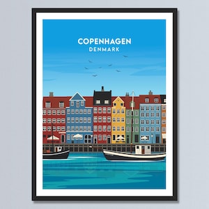 Copenhagen Nyhavn Denmark Travel Poster, Denmark Illustration Print, Skyline Scandinavian Wall Art, Personalized Print Home Wall Gift