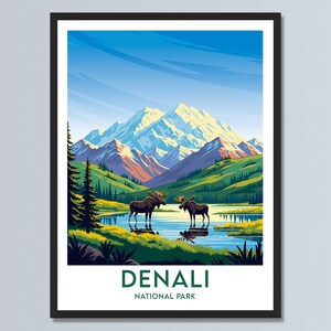 Póster de viaje al Parque Nacional Denali, Alaska, arte mural de Alaska, obra de arte de EE. UU., impresión del Parque Nacional de Alaska, decoración del hogar, regalo de viaje personalizado