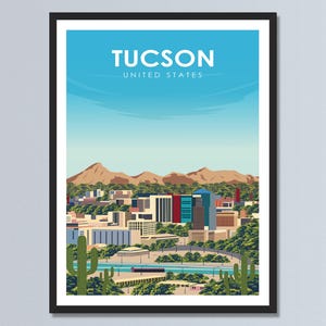 Tucson Arizona Travel Wall Art Print | Arizona Modern Retro Travel Poster | Desert Cityscape Illustration | Custom Skyline Home Decor Gift.