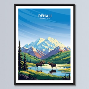 Póster de viaje al Parque Nacional Denali, Alaska, arte mural de Alaska, obra de arte de EE. UU., impresión del Parque Nacional de Alaska, decoración del hogar, regalo de viaje personalizado