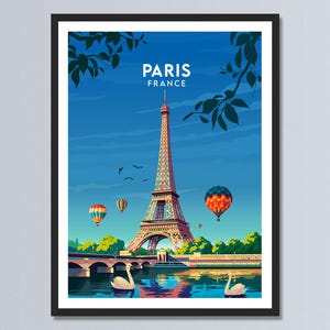 Eiffel Tower Paris Travel Poster- France, Paris City Hot Air Balloons- Seine River Wall Art, France City Travel Prints, Home Wall Decor Gift