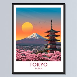 東京日本旅行ポスター、日本の桜の壁アート、富士山のイラスト、夕日のレトロプリント、パーソナライズされたギフト、室内装飾。