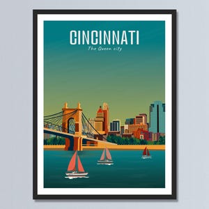 Cincinnati Ohio Travel Poster | Cityscape & Roebling Bridge Poster | Personalized Printable Ohio City Artwork | Home Decor Urban Travel Gift