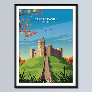 Póster de viaje del castillo de Cardiff, Gales, lienzo con paisaje urbano del Reino Unido, arte otoñal de la ciudad de Gales, regalo personalizado para amantes de los viajes y decoración del hogar