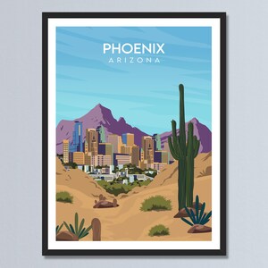 Phoenix Arizona Travel Poster, Desert Art Saguaro Cactus Prints, Landscape Desert Wall Art, Personalized Print Home Wall Decor Gift.