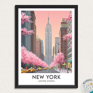 Póster de viaje de la ciudad de Nueva York, ilustración del Empire State Building, arte de pared de flores de cerezo de primavera de EE. UU., impresión personalizada, regalo de decoración del hogar.