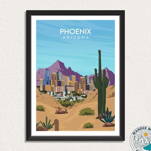 Phoenix Arizona Reiseplakat, Wüstenkunst Saguaro Kaktus Drucke, Landschaft Wüste Wandkunst, personalisierte Druck Hauswanddekor Geschenk.