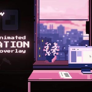 May include: Pixelated illustration of a desktop setup with a computer monitor, desk, and cityscape view. The text "fully animated ISOLATION stream overlay" is displayed. The color palette is primarily pink and purple.