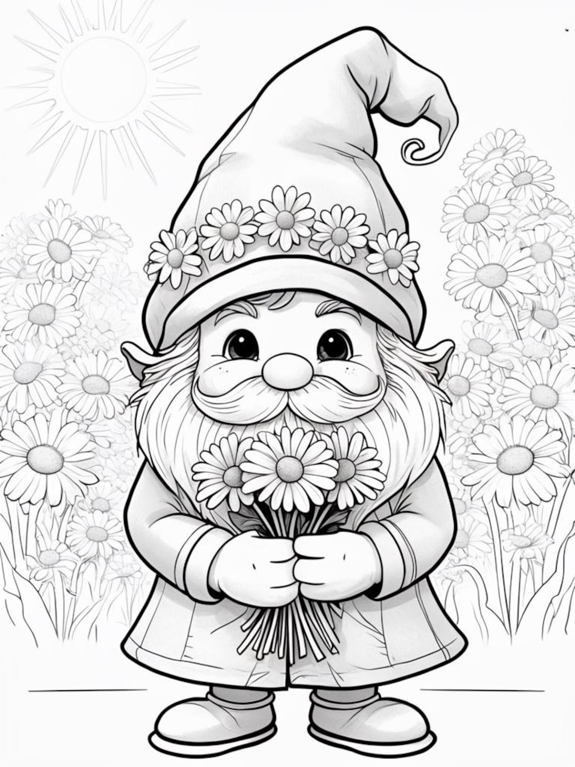Gnome Flowers Coloring Book Page Digital Print - Etsy