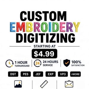 Può includere: Un grafico digitale per servizi di digitalizzazione di ricami personalizzati. Il testo recita CUSTOM EMBROIDERY DIGITIZING, STARTING AT $4.99. Le icone indicano un tempo di consegna di 1 ora, servizio 24 ore, 100% soddisfazione, formati come DST, PES, JEF, EXP, VP3 e istruzioni per inviare l'opera, specificare dimensioni e formato e fornire un'email.