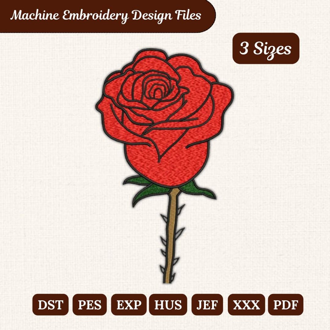 Red Rose Embroidery Design – 3 Sizes Machine Embroidery Files (digital ...