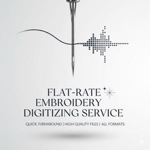Könnte beinhalten: Grafik mit Nadel und Faden, sowie einem digitalen, wellenartigen Muster. Der Text lautet "FLAT-RATE EMBROIDERY DIGITIZING SERVICE" und "QUICK TURNAROUND | HIGH QUALITY FILES | ALL FORMATS".