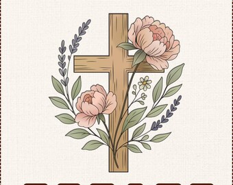 Floral Cross Vector SVG PNG, Easter Cross with Peonies Design, Christian Floral Religious Cross,  Religious Flower Grace Digital Download