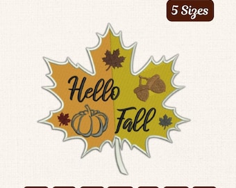 Hello Fall Leaf Embroidery Design – Autumn Pumpkin, Acorn (Instant Download)