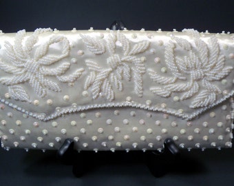 Vintage 1950's White Satin Clutch Purse Opalescent Sequins & Winter White Glass Beads