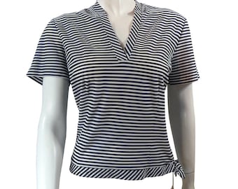 Vintage Nautical Striped Ladies Blouse, Side Zipper & Bow Tie V Neck Shirt, With Tags Top by Alice Stuart Medium