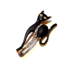 Vintage 1960s Novelty Cartoon Black Kitty Cat w/ Silver Sparkly Rhinestones Brooch Pin