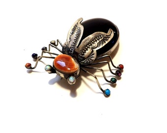 Large H. Ration Sterling Silver, Onyx Spider Navajo Artisan Brooch Pin