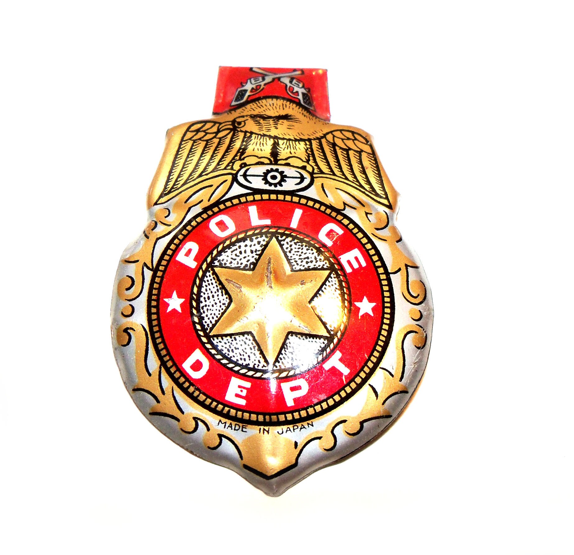 Vintage geprägt Zinn Spielzeug Polizei Abteilung CLICKER Abzeichen Adler Handfeuerwaffen made in Japan