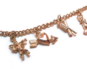 Vintage 1950s Charm Bracelet 6 Charms Holiday Theme Halloween, Christmas, Valentine's Day, etc