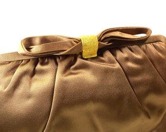 1950s vintage Satin Brown Purse Cocktail Party Handbag by Magid Rhinestone Clasp